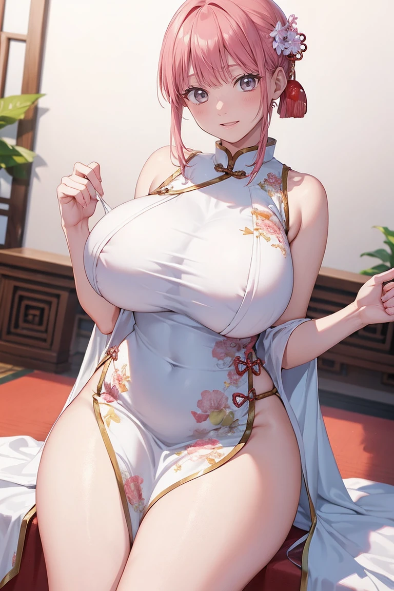 high quality, masterpiece, (photographrealistic:1.4), 8K, big chest, Seductive Anime woman, oppai proportions, beautiful anime woman, Photorealistic, perfect body, Realistic lady, Voluptuous body, curvy body, Naughty anime style, plump, Erotic cartoon style body, Married woman's big ass, sexy of a married woman, Married woman atmosphere, mamma size, gigantic breasts, colossal breasts, ((smile)), (abdominals:1.4), doroppy breasts, 37-year-old, sexy, cleavage, pink hair, martial artist, Thighs with developed muscles, wear chinese dress, short hair,