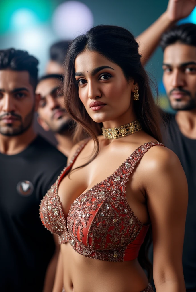 3 Hiba Nawab in 25 years old brides, perfect age, ultra realistic face, (((Stunningly sexual Beautiful Persian Princess ))), elegant blue black updo hair, sweet smile, FF cupped large breasts, ultra deep cleavage,  Beautiful brides walking together in a bridal march, under a fairy tale arch of exotic magical flowers, looking back,elaborate scene style, crystal glass lattice, glitter, transparent embroidered lace, realistic style, 8k,exposure blend, (group photo:1.5), medium shot, bokeh, (hdr:1.4), (cinematic), ( dark tones:1.3), (hyperdetailed:1.2),Realism,3 girls,girls wearing indian saree(dressed in transparent saree)(wearing glitter graphics jewelry), medium , Sexy medium Breast, nipple, bright light, long_hair, Bokeh ,nsfw , indian , tree branch, colourfull ,undersized bra:1.5, princess dress, mini skirt lehenga choli