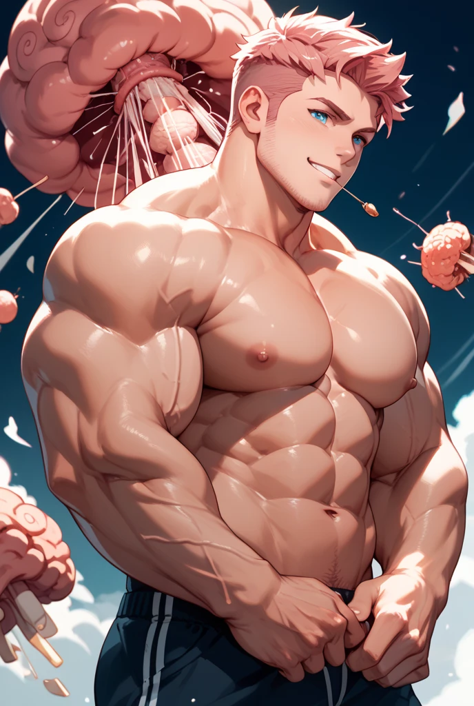 Bakugou Katsuki smirking standing shirtless by a lamp sweating heavily in a living room. Looking at the viewer. Shirtless, red panty with bulge, holding red and white balloons, (balloons:1.5)