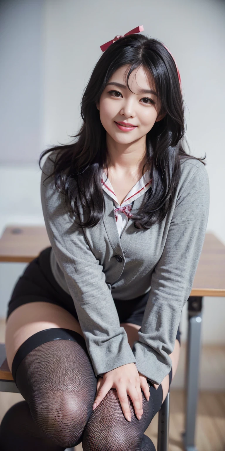 ((8k, RAW Photos, highest quality, masterpiece), High-resolution RAW color photos、Professional close-up photography, (Realistic, Photorealism: 1.37), (highest quality), (Best Shadow), (Best illustrations), clavicle ((big)), ((erotic, sexy, Ultra-high resolution, High quality CG integrated 8K wallpaper, Physically Based Rendering, Cinema Lighting), 18-year-old girl, (Fishnet tights:1.3, Grey blazer, ribbon, socks, Knee-high boots, High School Uniform: 1.2), High school classroom, Beautiful details in the eyes, Light on the face, ((Full Body Shot: 1.2)), Particularly strong light, (Upward glance, Grinning smile:1.2), Shiny skin, (((Black Hair, Semi-long hair:1.2))), (Thin thighs), shy, (flash:1.2), ((Seductive posture: 1.2, Charm: 1.2)), (sitting at a desk in the classroom: 1.2)), ((Excellent anatomy: 1.2)), ((Bright and refreshing classrooms, The background is blurred: 1.2)), Perfect Face, Cute Face, (High angle shot:1.2),