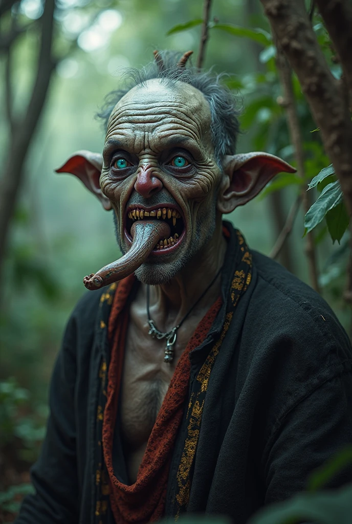  A horrifying, photorealistic image of a deformed cannibal man standing menacingly in the middle of a dark, dense forest. The man has a grotesquely disfigured face, with deep scars, misshapen features, and an unsettling grin that reveals broken, jagged teeth. His skin is pale and dirty, with patches of blood smeared across his face and clothes. He wears tattered, filthy clothing, resembling a mix of worn-out hunting gear and makeshift armor, with bones and teeth hanging from his neck as a grim necklace. The surrounding forest is thick with towering trees, twisted roots, and dense undergrowth, casting eerie shadows. The atmosphere is dark, foggy, and oppressive, with a sense of dread permeating the scene, inspired by the movie "Wrong Turn." The overall tone is terrifying, meant to evoke fear and unease.