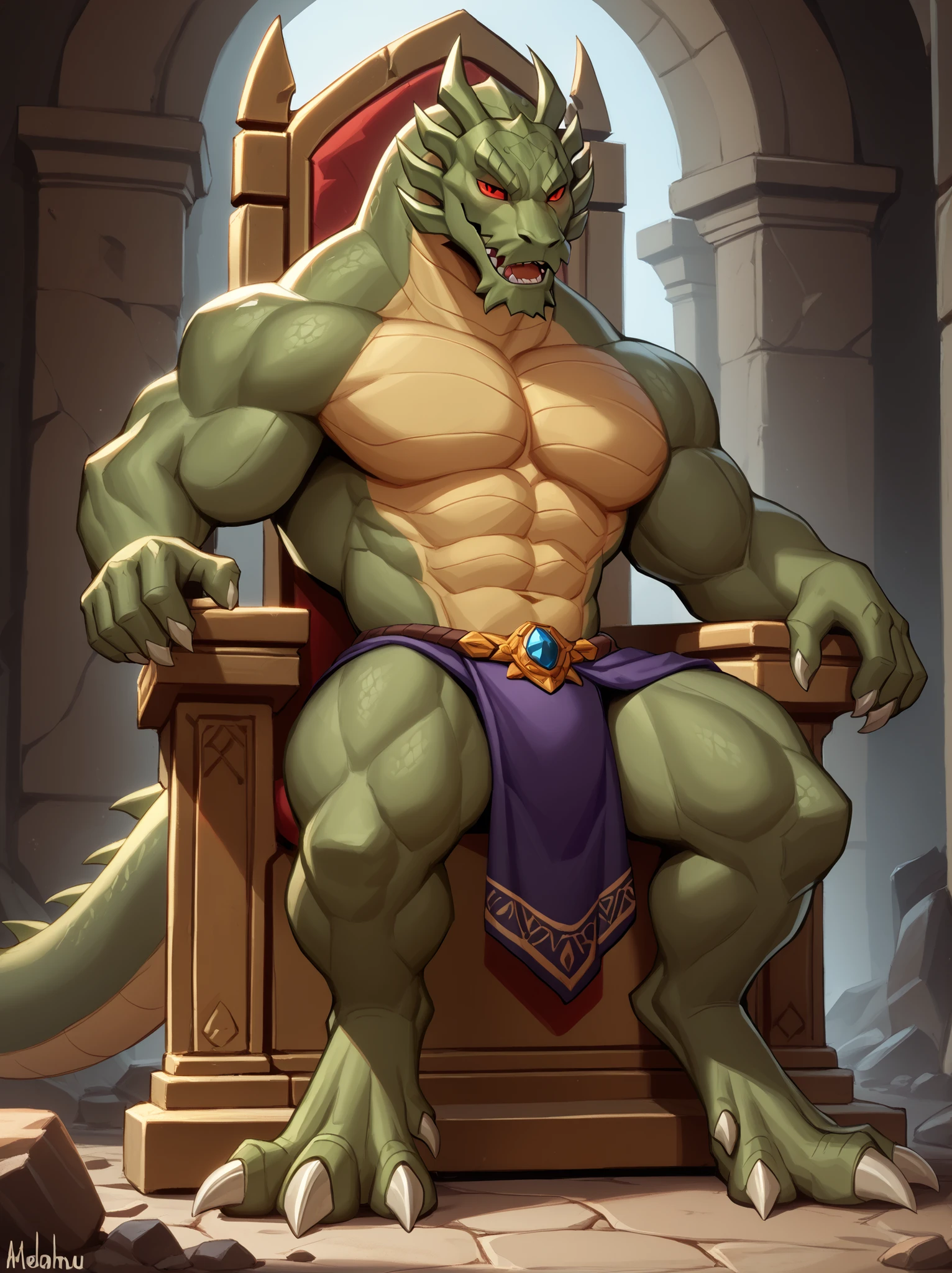 shendu, anthro, solo, male, huge body, (feral:0.7), scale, detail scale, scalie, hi res, red eyes, teeth, reptile, sitting, stone golden throne, bottomwear, topless, purple underwear, broad shoulders, hunk, toe claws, digitigrade, barazoku,
BREAK score_9_up,score_8_up,score_7_up.