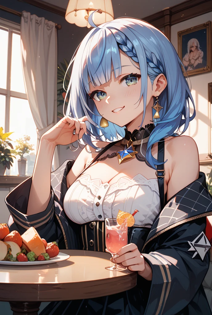 Masterpiece, high quality, 4k, best quality, Paris France city background, girl, blue-white hair, blue eyes, Eyes sparkle , white casual clothes, black skirt, Mouth closes and Smiling sadly , sitting on a cafe chair, and on the table there is a foamy drink