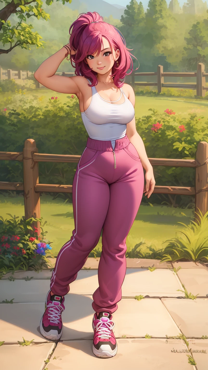 nakanaka_omoharu, (masterpiece, 1girl, solo), (high quality), 8k, perfect eyes, white eye patch, perfect face, long hair, purple hair, long sleeves, light blue shirt, tight white pants, standing, teasing, in the street, front of beach, cat logo in shirt,(((MFBP1, white legging pants, sexy woman, fitness, small breasts, large hips, curvy))),