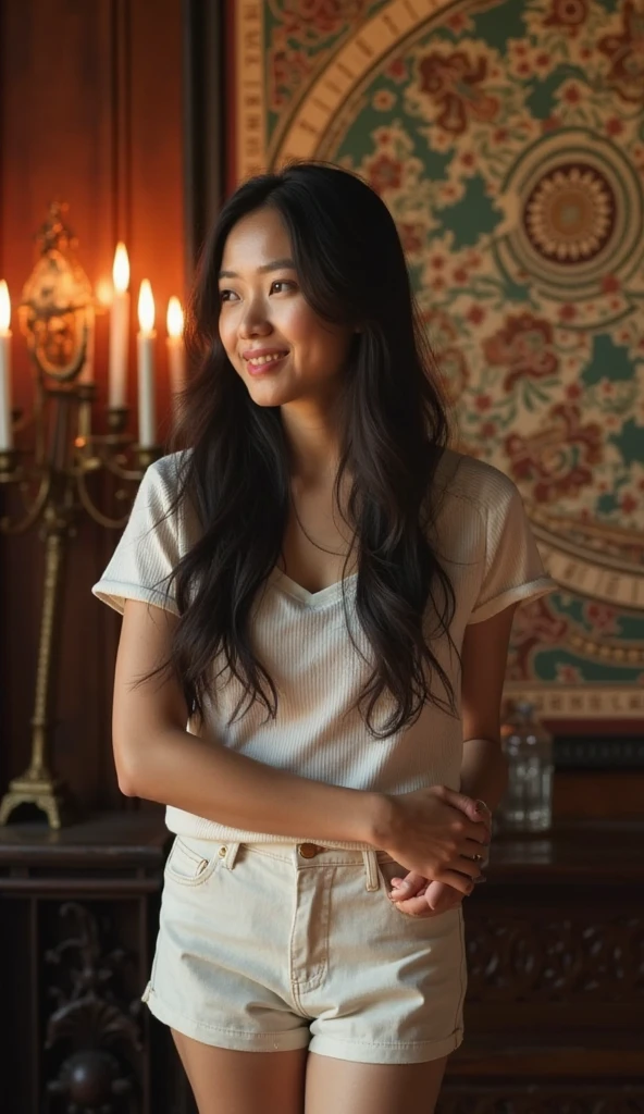 photo of a beautiful Korean woman, (beautiful smile facial expression), textured leather, goosebumps, long hair,fashion t-shirt.with long jeans cowboy photo, dark and mysterious cave with unique rock formations and hidden wonders, perfect eyes, (candlelight, chiaroscuro), Porta 160 color, photographed with ARRI ALEXA 65, bokeh, sharp focus on subject, photographed by Don McCullin