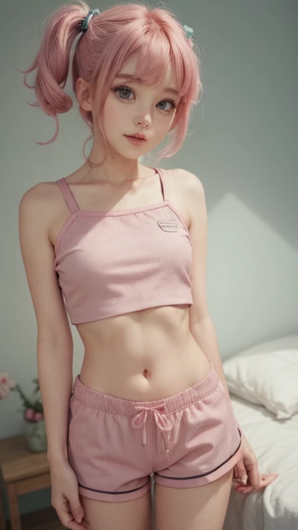 (​masterpiece:1.3), (8K, Photorealsitic, Raw photography、Top image quality: 1.4)、Japanese high school girl、Pastel pink Hair、(Random hairstyles:1.2)、Small breasts、Super Detail Face、Eye of Detail、double eyelid、Bring your chest together、sharp focus:1.2、prety woman:1.4、Perfect skin、shiny skin、top-quality、​masterpiece、 high resolution、(Photorealsitic:1.4)、Highly detailed and professional lighting smile、wearing pink crop top、Pink mini skirt、Slender、Light smile、Short hair、laying on the bed casually、looking at camera, in a pink colored room、bookshelf in the background、nightstand、window with sunlight shining in illuminating the room
