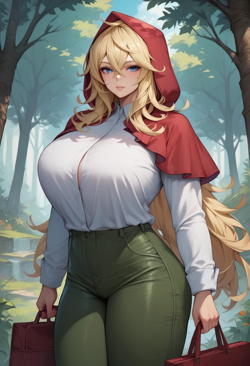 [Grimm], [The_Hunter's_Guild_Red_Hood], [Inspired by Yuki Kawaguchi], ((masterpiece: 1.3)), ((High Res)), ((detailed shading)), ((intricate details)), ((beautiful portrait)), ((below view)), ((POV)), ((1girl)), ((anime)), ((beautiful 2D art)), {(grimm); (long blonde hair), (messy hair), (hair over eyes), (green eyes), (frown), (massive boobs), (thicc thighs), (detailed leg muscles), (muscular legs)} {(red hood over head), (tight white button-up shirt), (tight green pants), (brown knee-high laced boots)}, {(intimidating), (squatting), (dynamic pose), (looking down at viewer)}, [background; (woods), (tall trees), (blue sky), (sun rays through trees)]