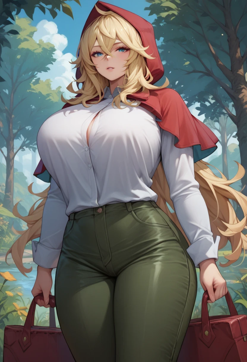 [Grimm], [The_Hunter's_Guild_Red_Hood], [Inspired by Yuki Kawaguchi], ((masterpiece: 1.3)), ((High Res)), ((detailed shading)), ((intricate details)), ((beautiful portrait)), ((below view)), ((POV)), ((1girl)), ((anime)), ((beautiful 2D art)), {(grimm); (long blonde hair), (messy hair), (hair over eyes), (green eyes), (intimidating stare), (angry frown),  (massive boobs), (thicc thighs), (detailed leg muscles), (muscular legs)} {(red hood over head), (tight white button-up shirt), (tight green pants), (brown knee-high laced boots)}, {(intimidating), (squatting), (legs open), (hands on thighs), (dynamic pose), (looking down at viewer)}, [background; (woods), (tall trees), (blue sky), (sun rays through trees)]