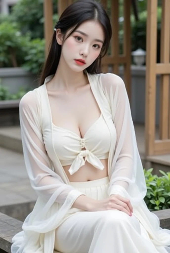 best qualtiy，tmasterpiece，超高分辨率，（真实感：1.4），RAW photogr，cold light，1girll，(Close-up of the upper body，closeup of face), Nice face，(slim，Raised sexy)，ssmile，cabelos preto e longos，hair adornments，(slender leg，Cross ed leg), (White color blouse，Pink pleated skirt)，Beautiful teenage girl，Beautiful goddess，Detailed scenes, Picturesque, Beautiful teenage girl，Beautiful goddess，Detailed scenes, Beautiful digital illustration, the detail，Hyper-detailed, Cinematic quality, (Beauty and aesthetics，big breasts beautiful)