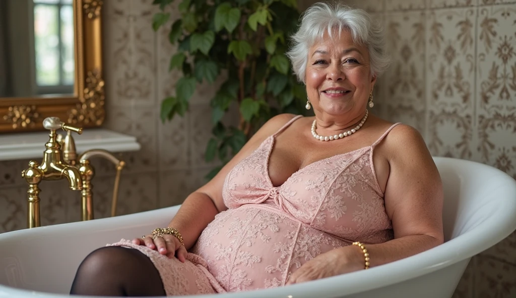 70 years old, mature attractive woman, busty woman, silver hair, eyes, huge tits, bare breasts, huge sensual butt, sitting in the bath tub, the tub is full of water, clean, slight smile, clenched teeth, dim lighting , very high detail, high dynamic range.
