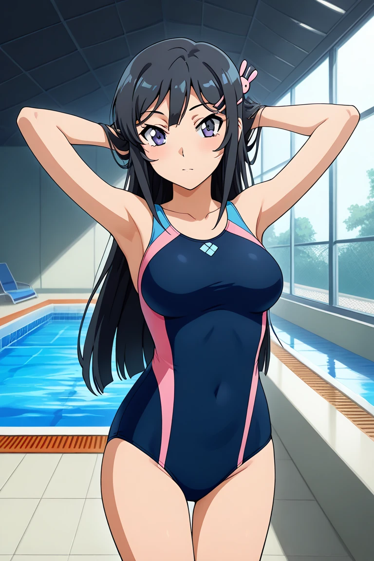 (masterpiece, Highest image quality, highest quality, 8k:1.3), (anime:1.1), vivid color, Ultra-detailed, Yui, Black hair, Large medium breasts, (Swimsuit, indoor, pool, stylish pose), Standing, embarrassing, looking at the viewer, cowboy shot,