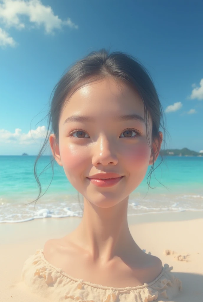 best quality, ultra high res, (photorealistic:1.4), Young Thai girl with blond hair and a bodybuilder physique, look away, smile, wet in the ocean, (sports bra: 1), beautiful detailed blue eyes, wet hair, red wet t-shirt