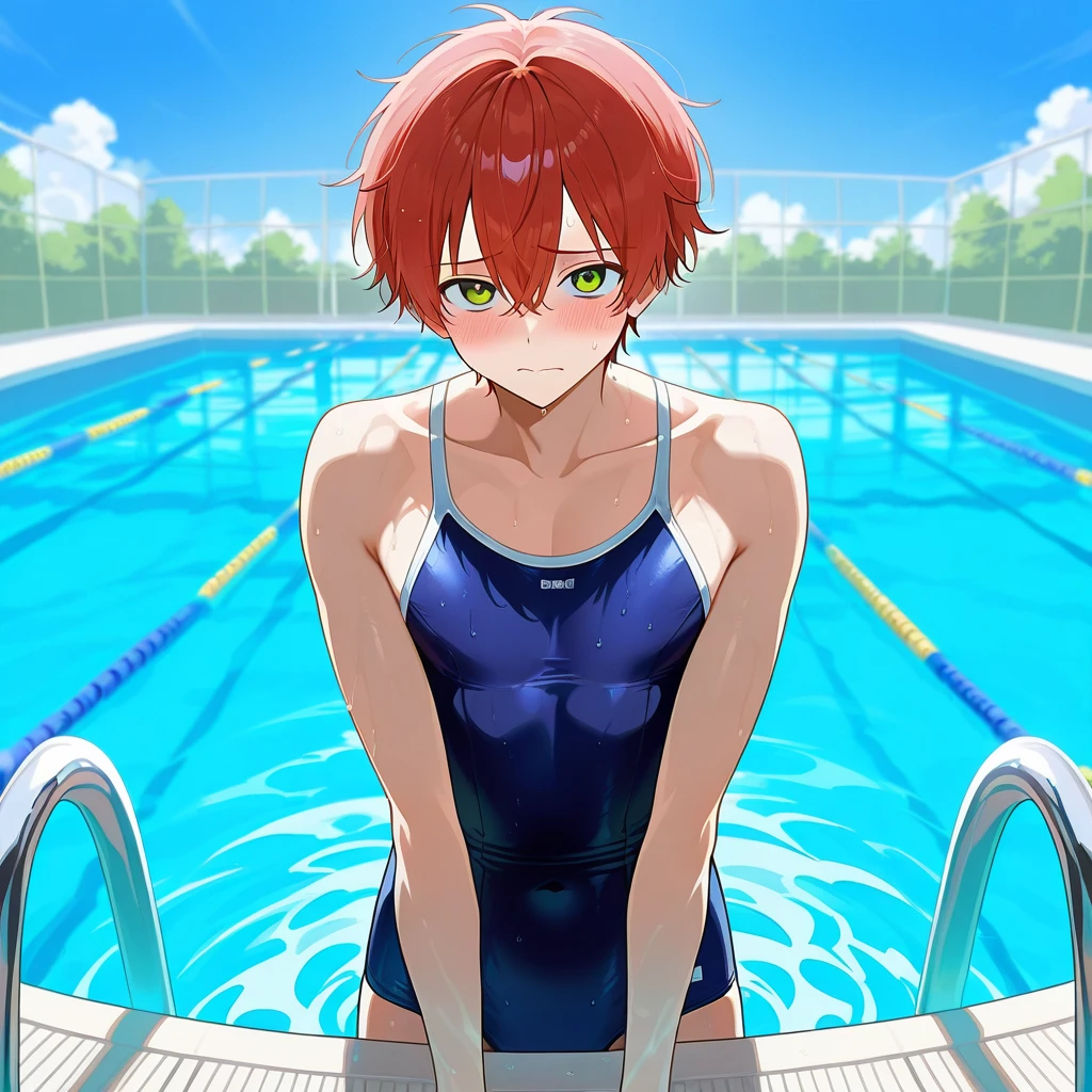 Anime boy in swimsuit standing in pool, onepiece swimsuit, High-cut swimwear, U-back swimsuit, rating:safe, solo, smile, Boy with short red hair, Boy standing by the pool, Competitive swimsuit, grin, looking_at_viewer, Show your ass, , Cool boy in black and red tank suit, A boy is looking back , Black and Red High Leg Racing Swimwear, cowboy_shot, shiny, shiny_hair, Boy with brown eyes, water, bangs, indoors, garments:High-cut swimwear, From behind the boy, From the side of the boy, High Leg Racing Swimwear, pool_ladder, legs_together, highleg