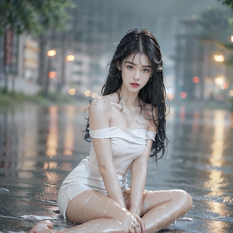 photorealistic, 1girl, detailed face, detailed eyes, detailed lips, beautiful long black hair, barefoot, white dress, black stockings, post-apocalyptic city environment, night scene, zombies, wet, confused expression она идёт вперёд и у неё на глазах слёзы с потёкшей тушью