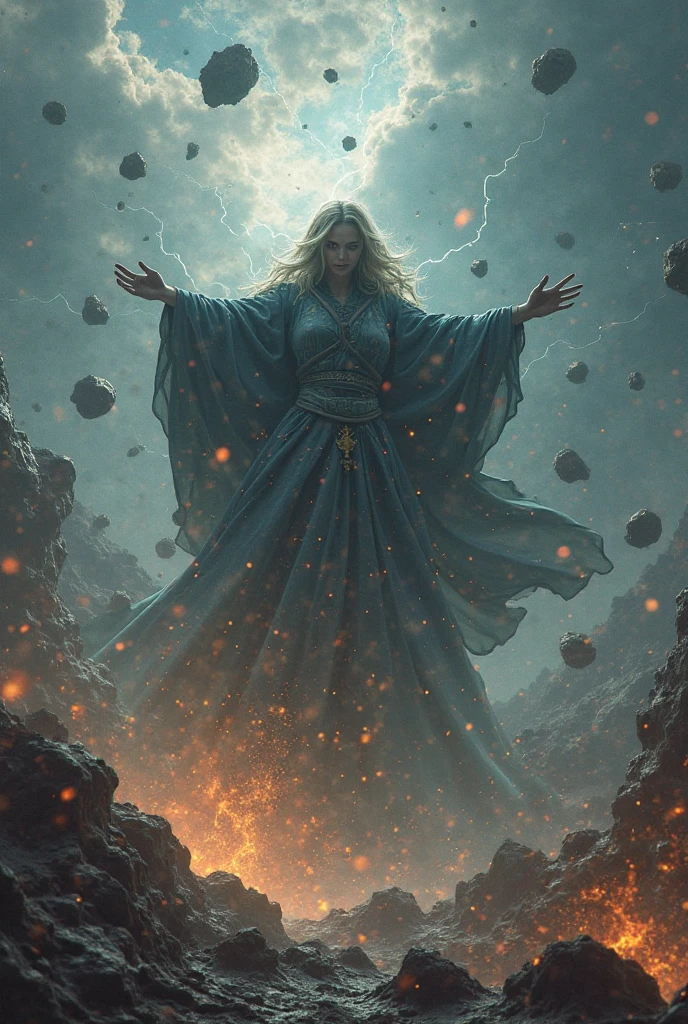 Summoner barefoot female levitating with blonde hair, robes and arms of cloak raised on a broken earth, luz de lava brilhante de baixo do campo de asteroides (rochas irregulares, pedregulhos e detritos disparando para o ar:1.3) (tempestade de detritos de poeira ventosa:1.1) Volumetric mist mist ray tracing z pass bright light from below, (obra-prima) (melhor qualidade) (detalhado) (8k) (cinematic lighthing) (foco nítido) (intrincado). roto perfeito, traje detalhado do Homem-Aranha, seios grandes, super hero pose, Standing in the ruined city at sunset, hiperdetalhado, smoke billowing, Sparks, raios solares, (8k), realista, symmetr, premiado, cinematographic lightning, encharcado, filme, 75mm, Scratches, foto de corpo inteiro, close-up, roupas rasgadas e sujas, rosto detalhado,