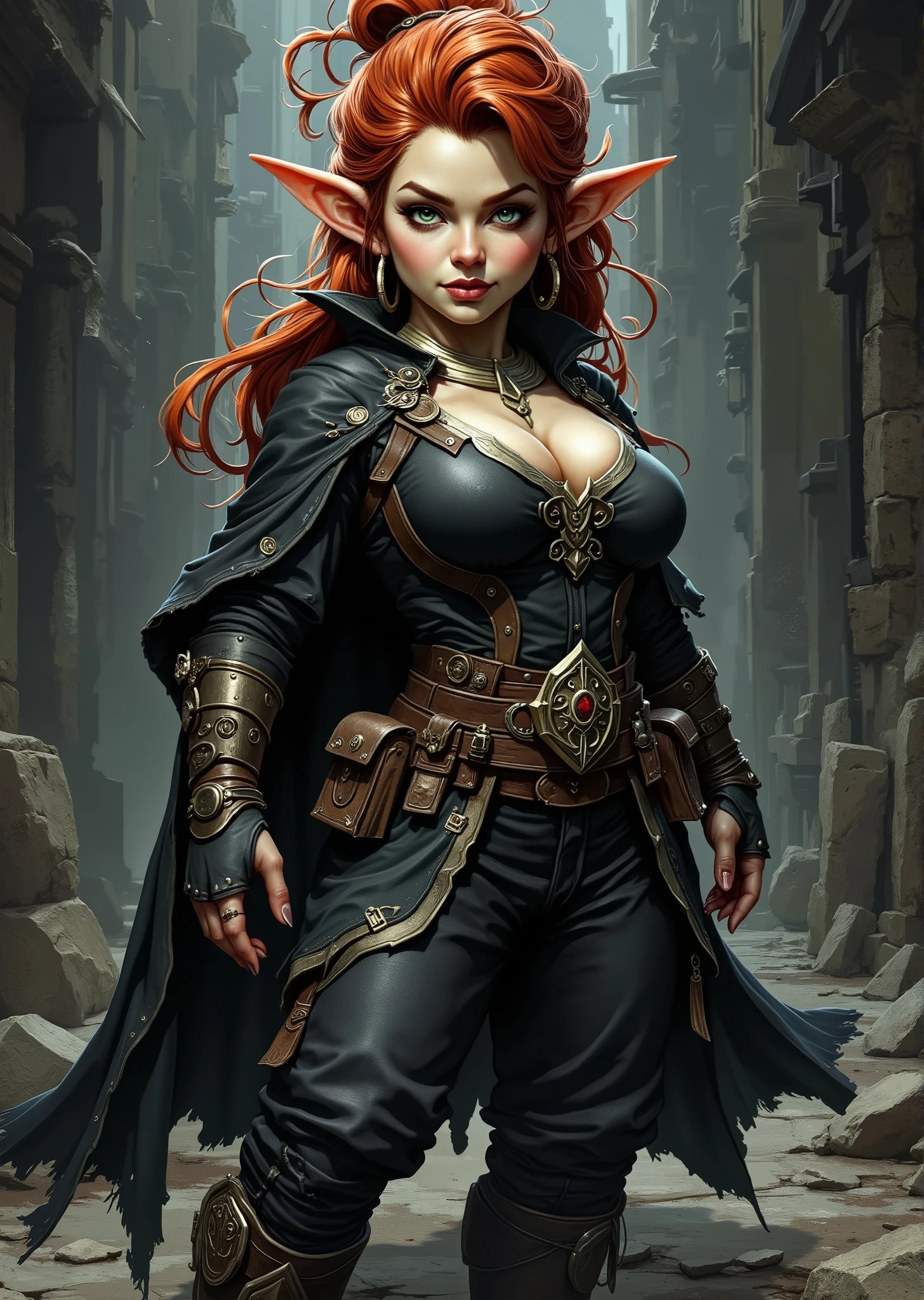 An extremely detailed comic book illustration of a stunningly beautiful extremely curvaceous Gnome from Dungeons and Dragons petite magical folk with big eyes and pointed ears created by gods of invention and illusion seldom seen by other folk due to the gnomes' secretive nature and their propensity for living in forests and burrows making up for their small size with the cleverness trained as a Dungeons and Dragons Soulknife Rogue relying on cunning stealth and their foes vulnerabilities to get the upper hand in any situation focusing on stealth and deception as well as climbing finding and disarming traps and opening locks prioritizing subtle strikes over brute strength who strikes with the mind cutting through barriers both physical and psychic using her psionic power wearing a striking outfit that emphasizes her powerful presence and magical abilities with her hair styled dramatically to enhance her formidable appearance a fitted black tunic that provides a sleek silhouette adorned with subtle arcane symbols a lightweight leather or metal breastplate that offers protection while allowing for agility intricately designed with swirling motifs a long dark cloak flowing behind her tattered at the edges with a broad belt cinching at her waist featuring various pouches adorned with metallic elements that reflect light fitted trousers that match the color and style of her upper garments featuring subtle protective elements in an art style inspired by Frank Miller and Conan the Barbarian. The Background is awash in dark moody textured brushstrokes in grimy city streets tones. Standing in a dynamic action pose. Trending on Art Station.