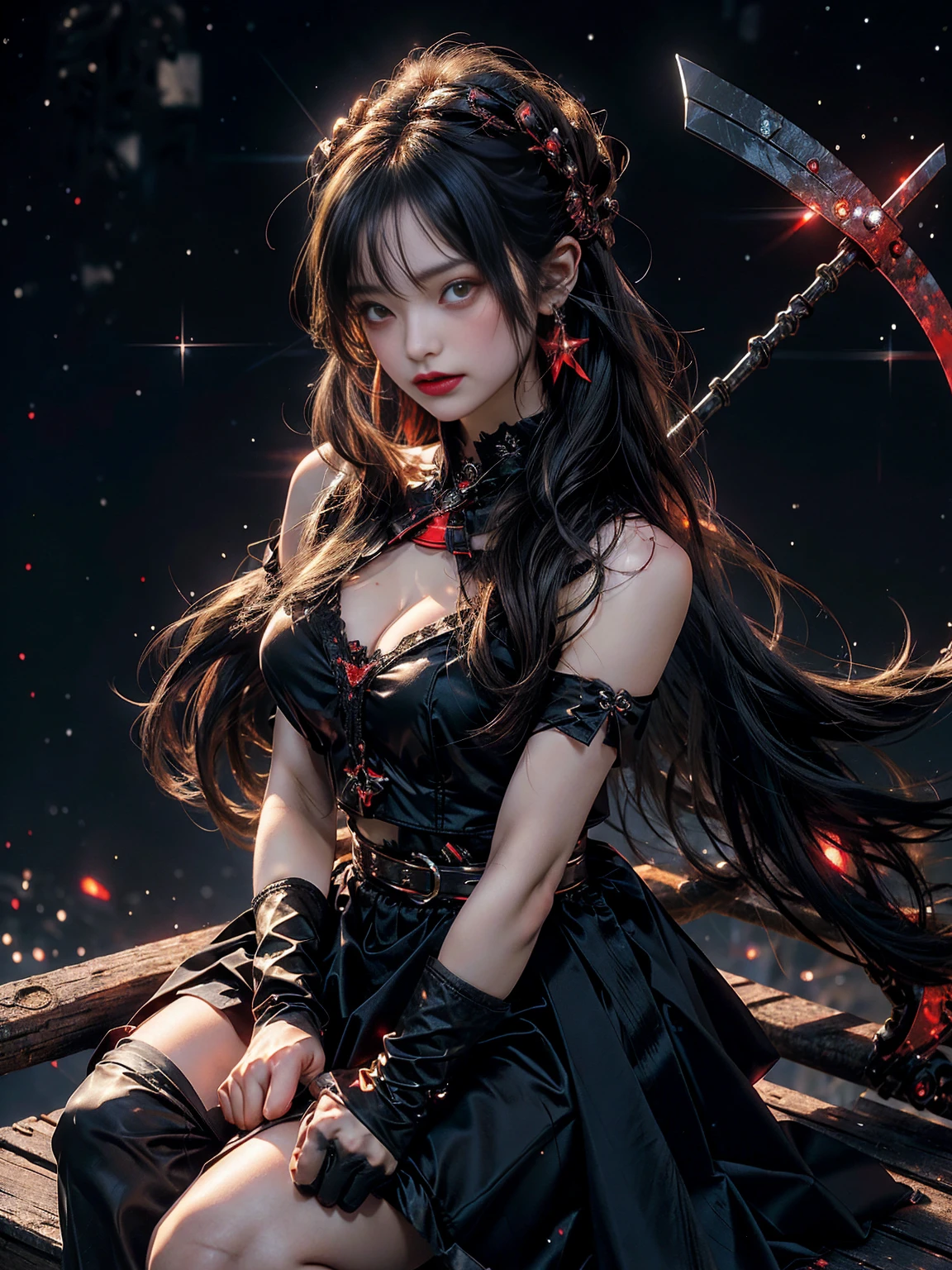 Princess of Darkness,busty,Glamour,Gorgeous,Jewelrymonochromes,Gothic goddess,Dark Fantasy,luxury dresses in glossy red，Dark Venus,erotic posing,Dynamic Posing,Arrange Pose,Dramatic,Cinematic,Detailed background,Dynamic Angle,From the angle of the film,Gothic background,Dark fantastic view,Best Quality,masutepiece,8K,The ultimate detailed dark background, Top image quality、RAW photography、超A high resolution，open waist，show legs，cropped shoulders，Lie down，close-up all over the body，perspire，Be red in the face，pink areolae,（From the female genital organs，semi transparent，the milky，Love liquid）overall look is very erotic。（Hand optimization），（Details are strengthened），（High Picture Quality） An 18-year-old female、Shot for one person only、model shoot、Large round chest、nedium breasts、wearing a vest、Wearing a black skirt、Beautiful Eyes of Details、Very slender eyes、Beautiful eyelashes、beautiful double eyelid、Very slim physique, Lower milk is visible, Shy, with blush cheeks