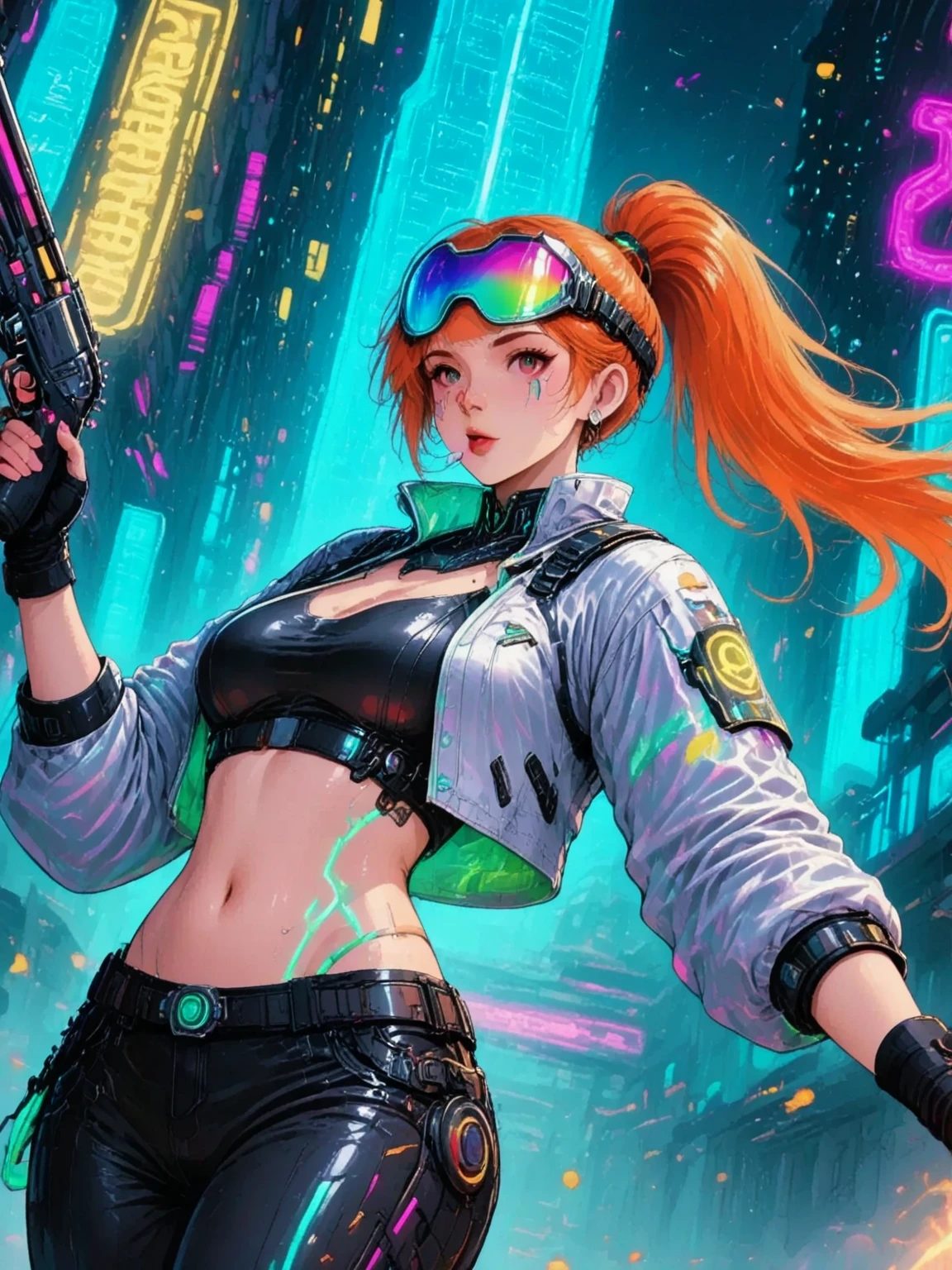 (La Best Quality,A high resolution,Ultra - detailed,actual),Ariana Grande dressed in green cyborg jacket,dance ballet ,(neon green student jacket:1.4), (green transparent miniskirt cyborg schoolgirl:1.4),background ice wall frozen cavern, long white gray hair, ,More detailed 8K.unreal engine:1.4,UHD,La Best Quality:1.4, photorealistic:1.4, skin texture:1.4, masterpiece:1.8,first work, Best Quality,object object], (detailed face features:1.3),(The correct proportions),(convex Detailed fingers),(Beautiful blue eyes),  (cowboy pose) ,(cyberpunk green transparent jacket:1.4), (background ice frozen cave:1.4), (orange jacket+cyborg red:1.4), long red hair, (Perfect anatomy ), (He has a pirate eye patch:1.4) ,(cyber cyborg orange red chaqueta) ,(Cyber samurai 2090s), (showing flat stomach), (has transparent plastic clothing:1.4) ,(showing lace panties) ,(African black skin:1.4) ,( cyberpunk 2.1), (cabello largo yellow neon:1.4), (yellow cyberpunk Bluetooth headphones on the head:1.4) bottomless ,transparent background, background erased in total white .