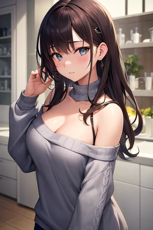 1girl, solo, 19 years old, {brunette hair}, {blue eyes}, {tight body}, {{burgundy knitted sweater, knitted stripe pattern, cleavage}}, baggy light blue jeans, standing, at home
