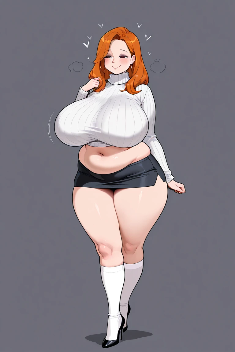 ((high aesthetic)), absurdres, absurd resolution, highly rated, highres, high resolution, best quality, masterpiece, full body, (facing viewer), standing, 1girl, ((solo)), indoors, clothed, perfect face, perfect eyes, neneneji, tight outfit, smile, natural skin texture, 4k textures, hdr, intricate, highly detailed, puffy lips, thick lips, hyperdetailed, mature female, inoue orihime, long hair, orange hair, brown eyes, thighhighs, shorts, sleeveless, hood, hoodie, pink hoodie, chubby, wide hips, bottomheavy, massive thighs, huge breasts, gigantic ass, plump