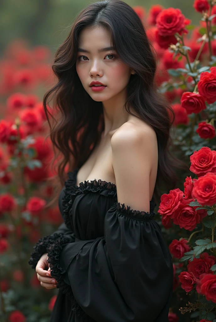 dark theme , (best quality, masterpiece:1.2), 18yo girl in garden, afraid, fear face, black cleavage dress, black flowers, (red flowers mess in background:1.3)