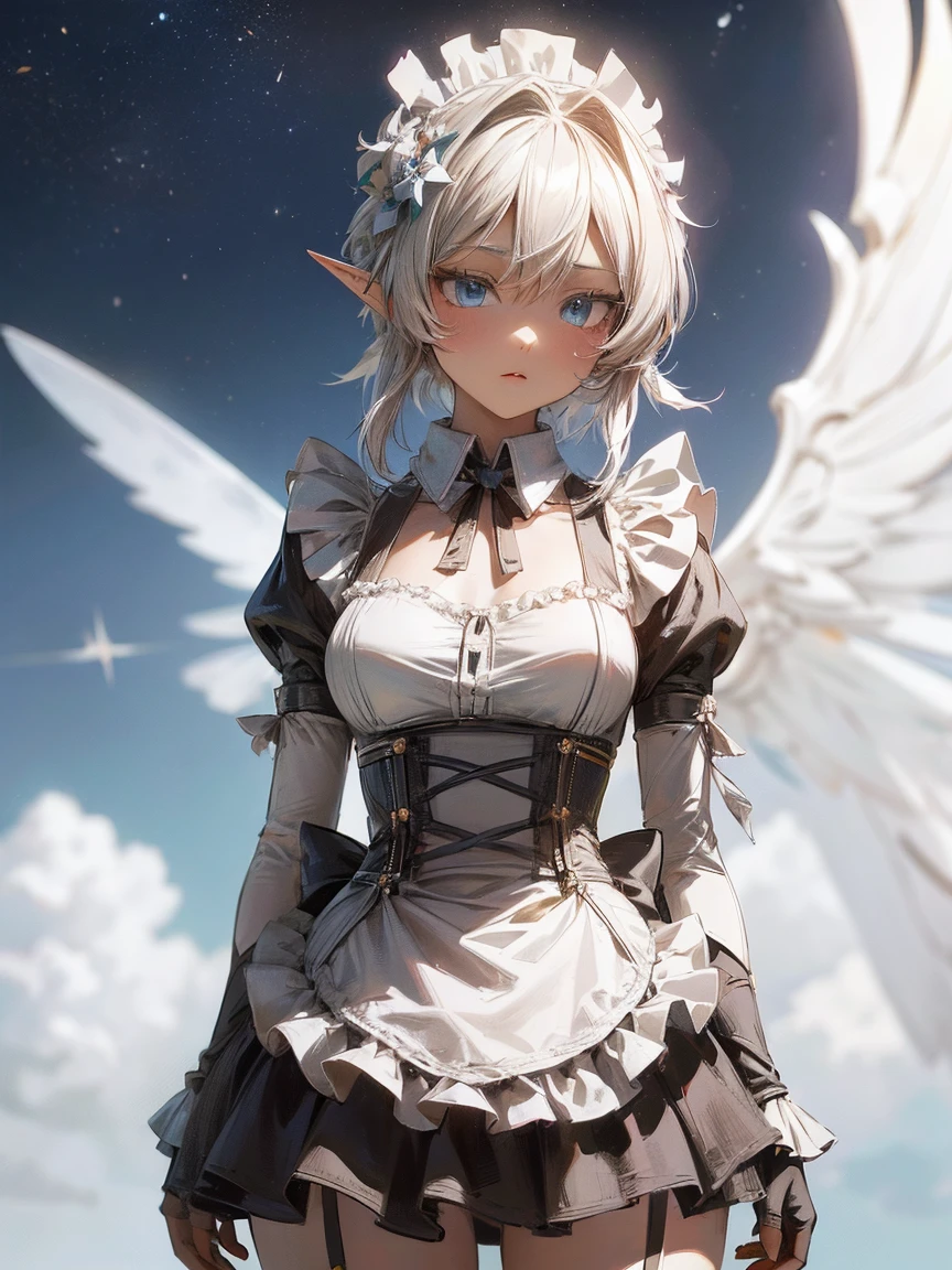 ((best quality)), ((masterpiece)), (detailed), a heavenly female knight, imposing, biblical, NSFW, long white grey hair, grey white eyes, very skinny, detailed, best quality, prominent collarbones, skinny arms, flat stomach, visible hip bones, small breasts, full body, red and white clothing, occult aesthetic, occult, detailed and intricate steampunk and detailed gothic, NSFW, Fluttering lace flared long knee length dress with frilly petticoats, knee length dress, pleated petticoats, petticoats gothic, complex lace boots, gothic aesthetic, wielding a mighty sword with mechanical components, mandalas, small breasts, a fairy, various different types of insect wings, bug wings, beetle wings, NSFW, full body, whole body, body, chains,
