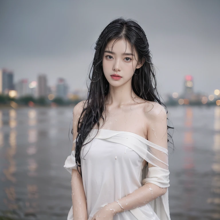 (((best quality))),(((ultra detailed))),(((masterpiece))),illustration,((1 beautiful girl,solo)),((slim,thin,flat chest)),(shoulder length straight bob hair:1.2),flowing hair,fair skin,(shiny skin:1.3),sparkling eyes,laughing,blue sundress,delicate necklace,grass,dewdropletts,trees,bird chirping,serenity,gratitude,awe,wonders of nature,peace,contentment,magnificent world,summer,(pitch-dark dawn:1.5),(night scene:1.3),upper body,from front,after rain,(wet:1.3),standing,on the path,dark clouds,confident gaze,elegant posture,mysterious atmosphere,solemn mood,dawn approaching,detailed decorations,(sunrise:1.3),rainbow,(Rural Landscape:1.2)