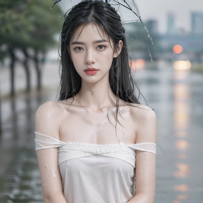 (((best quality))),(((ultra detailed))),(((masterpiece))),illustration,1girl, young,solo, slim,thin,short ponytail,small breasts,flat chest,(strapless white bra:1.3),rainy night, heavy rain, drenched, melancholy expression, solitude, tear rolling down cheek, wet hair, empty streets, dimly lit, deserted environment, sound of rain, footsteps, symbol of hope, abandoned, resilience, determination, walking in rain, heartbreak, loss, love fading, loneliness, body language, facial expression, dreary atmosphere, rain-soaked streets, somber mood, viewer engagement,((close-up of face,from front)),urban scape,night scene,outdoor,(((wet,sweat,shiny skin)))