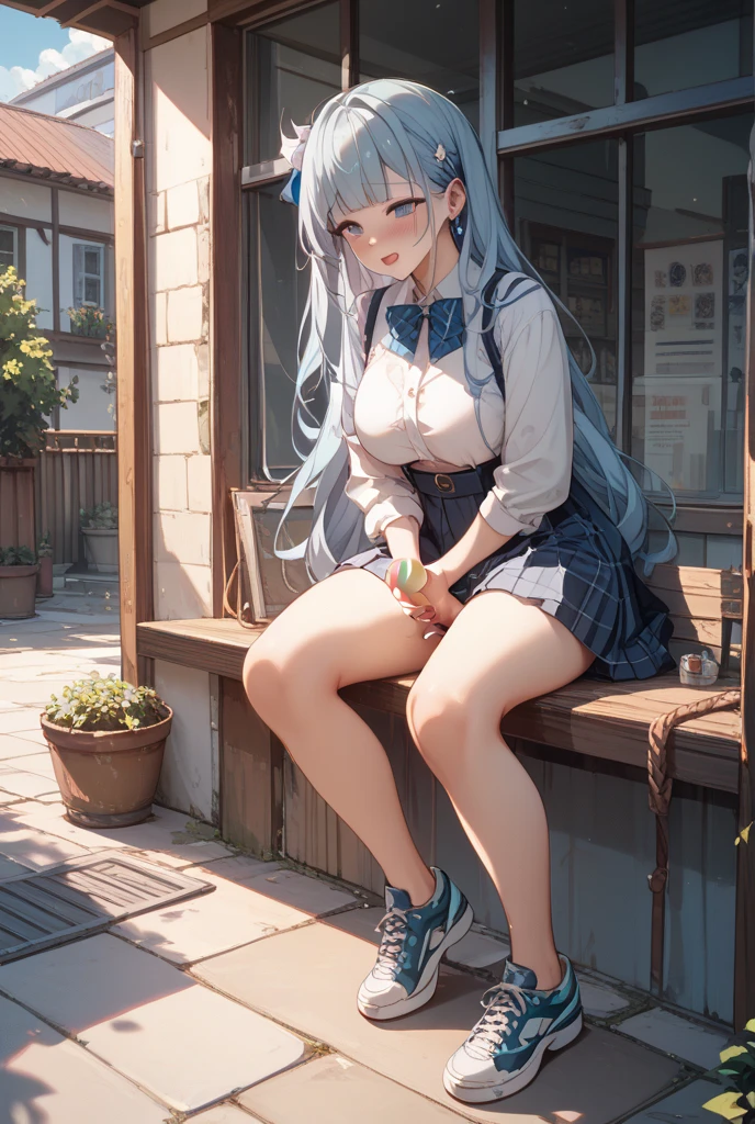 very cute and beautiful girl,(Very detailed美しい顔), (smile),blush,Black Hair,Seraphim,(White Hair、long hair),(White Shirt、Pleated navy blue pread your legs、Squat)、Sitting、(From below)、(Lace panties), Country road, (Highest quality,masterpiece:1.0),Absurd,High resolution,Super detailed,Very detailed,32K,8k resolution, Intricate details,Movie Scenes,Detailed Background,alone,Dynamic Angle,