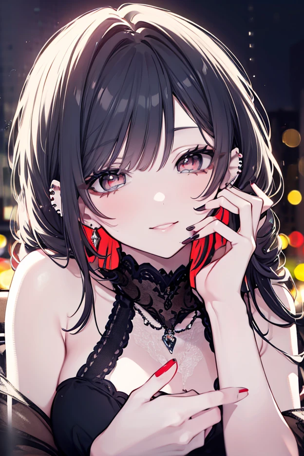 20 year old woman with short chocolate hair and pink eyes wearing a red lingerie smiling expression sitting in a car