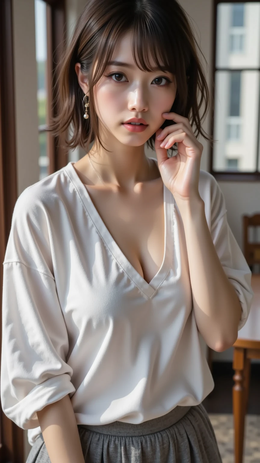 (((32ｋ,High Details,High Detail、masterpiece,Attention to detail,whole body,Solitary))),RAW photos & Realistic atmosphere,beauty的深蓝色眼睛,Detailed mouth,Glossy lips,Sparse eyebrows,beauty眼睛、Soft, fair skin，Every detail sparkles、Her deep blue eyes are so beautiful,Lip detail、Very beautiful face,Good face shape、lifelike face,闪耀beauty的双唇,beauty的眉毛,Infinite Reality, Realistic Like hand gravure idol,Very cute high school girl, , Like a sexy photo idol, Like hand gravure idol, Very nice and lovely１7 years old beautiful girl,Blushing face,令人难以置信的beauty和优雅１7 years old beautiful girl,Natural soft lighting,（Jet black shiny hair,,barefoot,beauty而善良的眼睛：1.5）,（like々beauty,Gentle smile,Chest shape,,The body is not yet mature,Long hair,Let your hair hang high，Tie up,Beautiful posture,without make-up,Miss ,Clothes like Shinsengumi,look here,Expectations，cleveage
