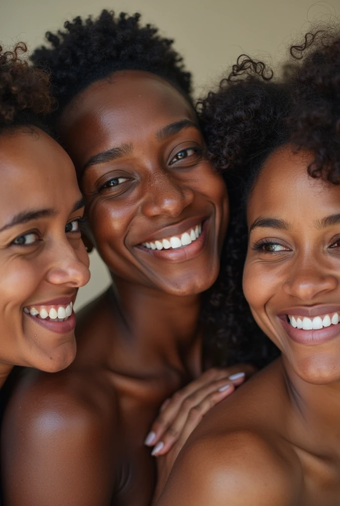a beautiful naked beauty African girl, sweaty, athletic body, sexy, and hairy armpits, being carried by two women