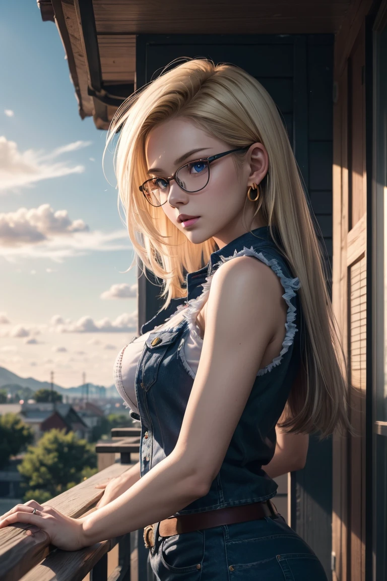 1 beautiful woman, face perfect, perfectbody, wearing a sleeveless t-shirt, ((light blue color)), Wearing jeans((color black)), ((there are tears in the leg)) ((light blonde hair)) ((very white skin color 1.6)) fleshy mouth lips, very beautiful blue eyes, ((wearing a round glasses)),((wearing a tattoo on his left arm)) She has a wonderful smile, ((age 26 years)),((Wearing a sneaker)),(( is sitting on a bench in a square during the day)) (( time at 9 am)) gazing at viewer)), ((big breasts 2.5)),(( muslos grandes)), Guitar's body, ((big glutes 2.4)), ((the viewer is standing next to her on the park bench and looking at her)), ((She's holding a cell phone)), ((PICTURE REALISTIC))