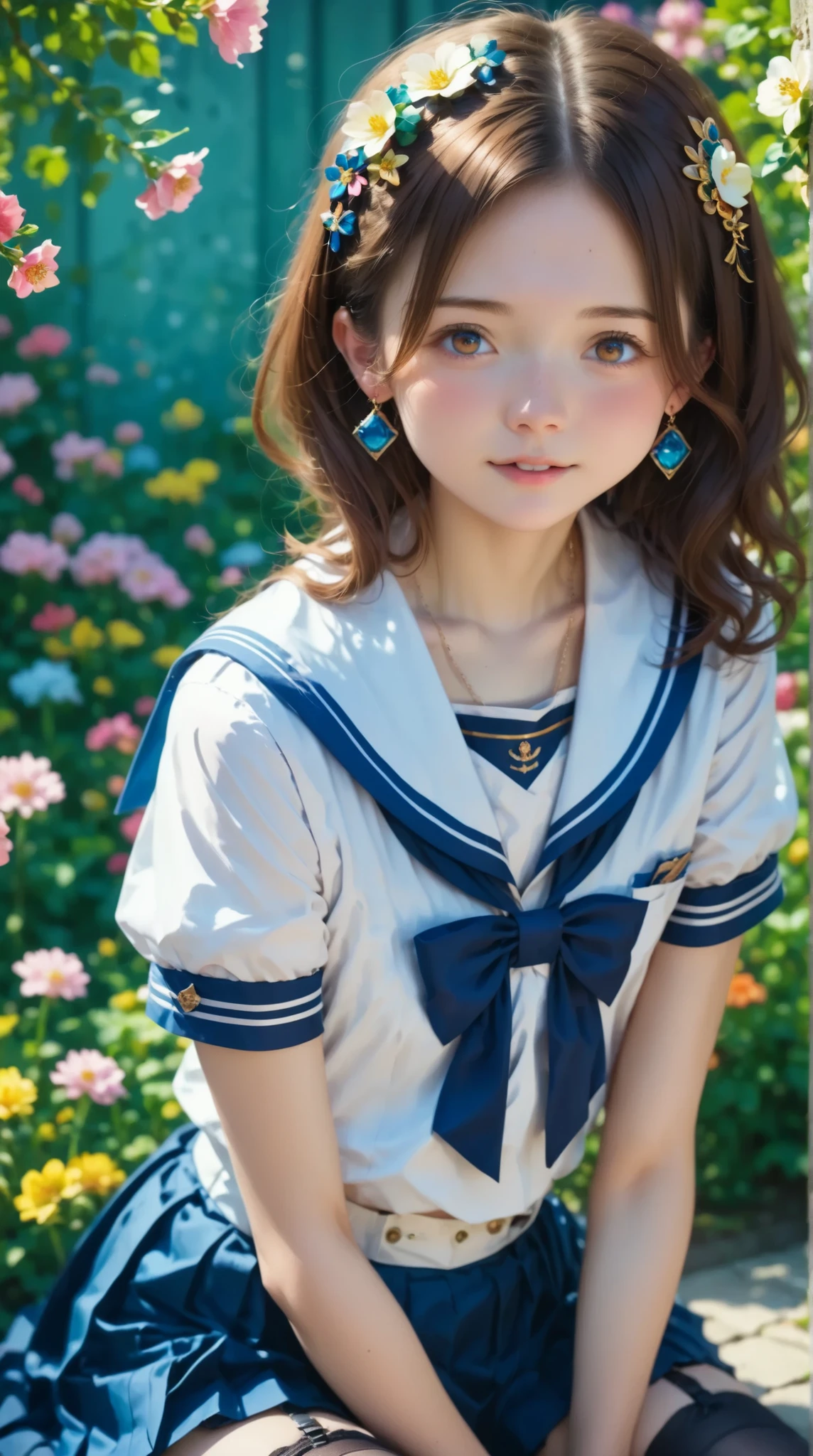 sailor suit , college student , young, cute girl,masterpiece, brown hair, cute hair ornament, skirt for ears :1.5、 black stockings、 black garter belt 、Tokijin Royal Palace、garden、Flower Field、
