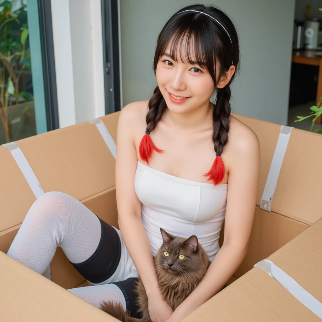 最high quality,Very detailed,finely,High resolution,8K壁紙,Perfect dynamic composition,Young Japanese Woman,Age 25, Black Hair, thin, 4K, 8K, high quality, beauty, Beautiful Eyes, Characterized by simplicity, High resolution,1 person,Japanese Idols,Large Breasts,Landmine Makeup,Red cheeks,Tank top,Cat ear,In a cardboard box,Abandoned cat,it's raining,Outdoor