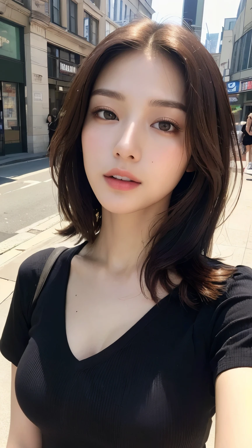 ((Top quality, 8K, Masterpiece: 1.3)), Sharp focus: 1.2, Beautiful woman with perfect body: 1.4, (((layered haircuts)), (Torn white shirt:1.45), (Short white dress)(Sunny, street: 1.2), Very detailed face and skin texture, Detailed eyes, Double eyelids, White skin, In the city, street, Walking, Rake the hair,Bigchest,Expose cleavage,Shoulders exposed