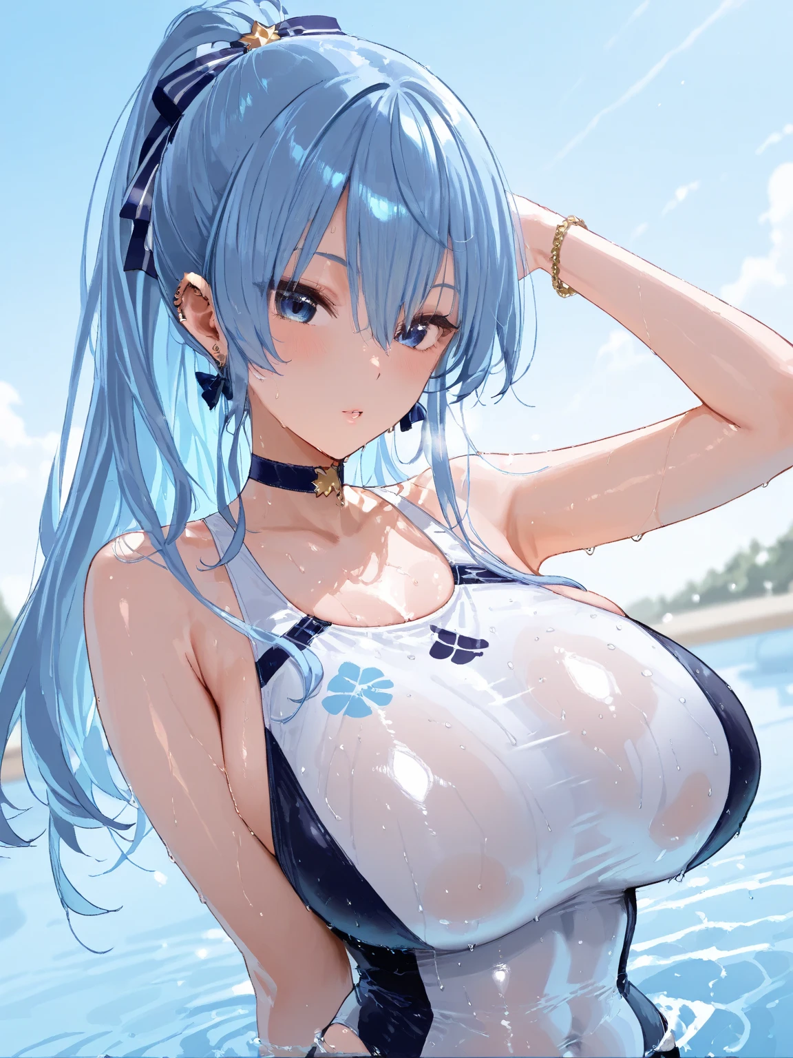 Rem, Re:zero, blue eyes, blue hair, short hair,  (big breasts),
cleavage, shorts, panties, vest, Wristband, No sleeve, white shirt, shirt,
 looking at viewer, Ocean, null,White cloud,sunshine,
 (masterpiece:1.2), highest quality, High resolution, unity 8k wallpaper, (figure:0.8), (beautiful and fine eyes:1.6), highly detailed face, perfect lighting, Very detailed CG, (perfect hands, perfect anatomy),