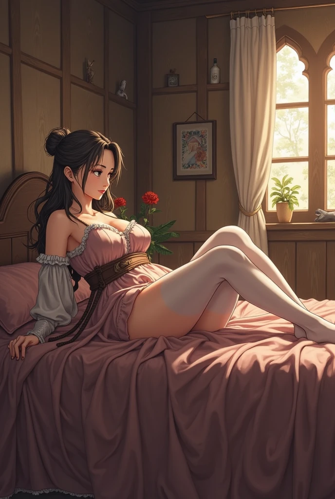 ((highly detailed)) ((huge breasts:1.2))
((Breasts bursting out of clothes:1.2)) skindentation, showing deep cleavage, Medieval fantasy era Tavern wench, spilled ale, pale woman with freckles, freckles on breasts, long red hair in messy bun, looking at viewer, blushing, sparkling eyes, (((shoulderless low cut white blouse with frills, brown corset))) brown boots, simple necklace, stretched clothing, dark moody candle lit tavern, (((nighttime))), ((soles)), ((masterpiece)), (best quality), perfect anatomy, huge boobs, highres, detailed, 1girl, ((bare ass)), (smug), rest on stomach with feet up, only 2 feet, only 2 legs, on bed in plain white bedroom giving a pillow