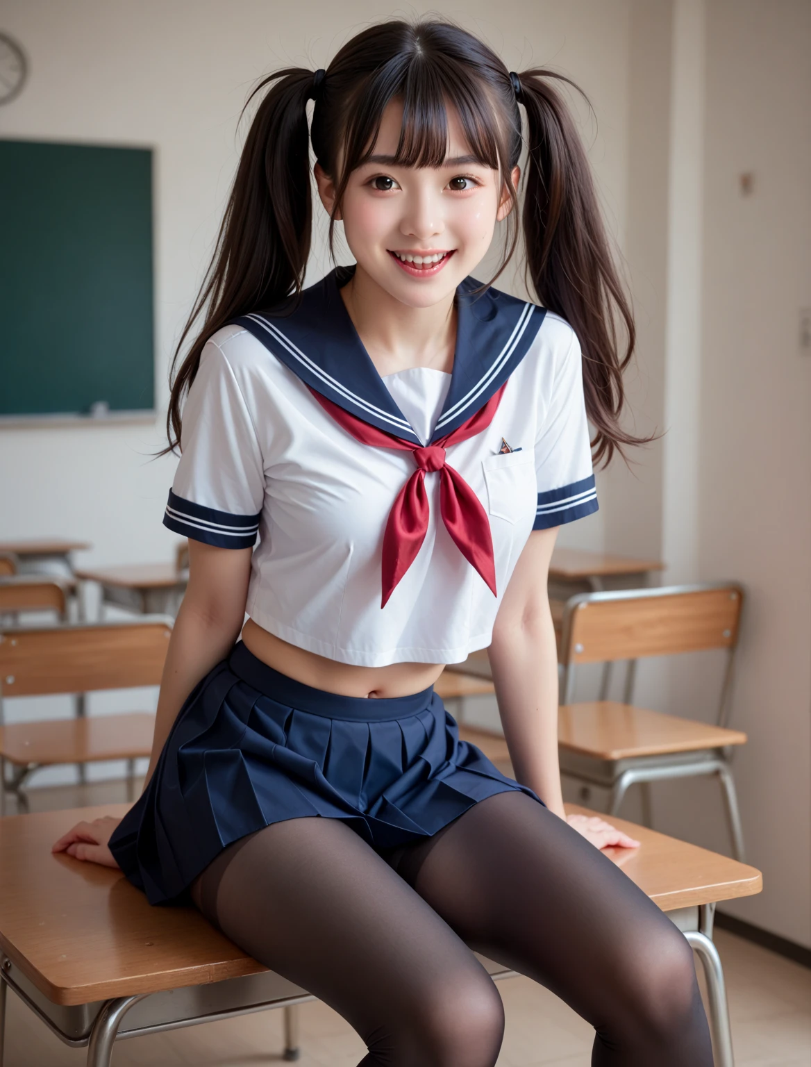 ((high quality,high resolution,High definition,8k)),School classroom,Baby Faced Girl,Long Black Hair,Red ribbon on hair,Navy blue long skirt,Japanese Sailor Suit,Blue and white slippers,White socks,Study desk learning,((((very cute)))),((What to wear(School uniform) or sexy see-through underwear or completely naked)),(((When you're naked perfect pussy))),((Realistic schoolgirl vagina:1.2)),(Very childlike),