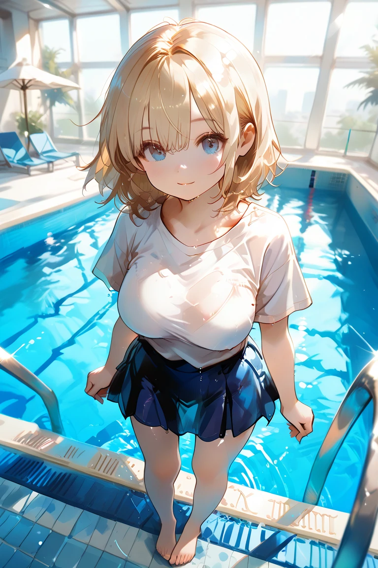 absurdres, (masterpiece, best quality), (ultra-detailed), extremely detailed, super high resolution, (Top Quality photorealistic Illustration), (Super Definition), (best quality,masterpiece:1.0),(cute illustration:1.3), (high Saturation:1.2), highres, ultra-detailed, 32k,8k resolution, intricate details, cinematic scene, detailed background, detailed background,(masutepiece:1.2), (Best Quality:1.2), hyper detailed illustration, beautiful artwork，(Extreme detail CG Unity)， (8K Wallpaper)、(exquisite lighting and shadow)、(highly dramatic picture)、(cinematic lens effects),strong light coming in， BREAK (dynamic angle:1.6), (close to viewer:1.6),from below, depth background, in the Poolside, pool, splashing, blue sky, windy, rim light, sunlight, beautiful lighting, strong light, widely, (girly standing:1.3), ((looking at viewer)), BREAK 1 girl, (us1),blonde hair, (purple eyes1.3), ,short hair, short bob cut, (straight hair:1.8), cute girl, (round face:1.6), (baby face:1.6), (kawaii:1.6), (cute:1.6), (loli face:1.6), (round eyes), (ultra-detailed brilliant big eyes), (large pupil), ((shiny skin)), ((pale skin)), (shy), (blush), smile, BREAK (show off nipples:1.8), (sailor uniform lift:1.8), (exposed chest:1.8), (no bra:1.3),medium breasts, (small nipples:1.2), (small areolas:1.2),,(very extremely small panties:1.8),(pussy line:1.3), Big smile
