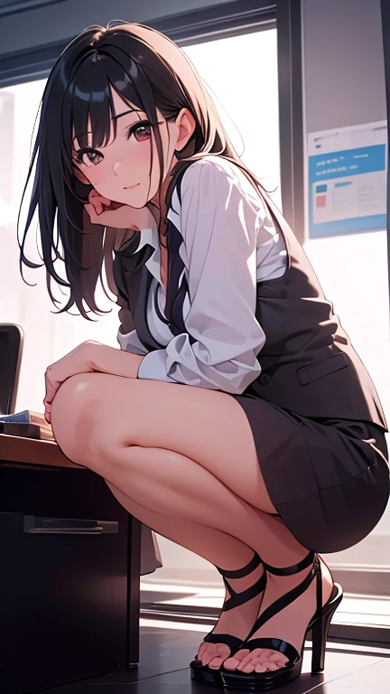 1 girl , sitting, holding knees, (panties under pantyhose), office lady, nose blush,no shoes ,((masterpiece)), ((best quality)), ((ultra-detailed)), (illustration), ((an extremely delicate and beautiful))