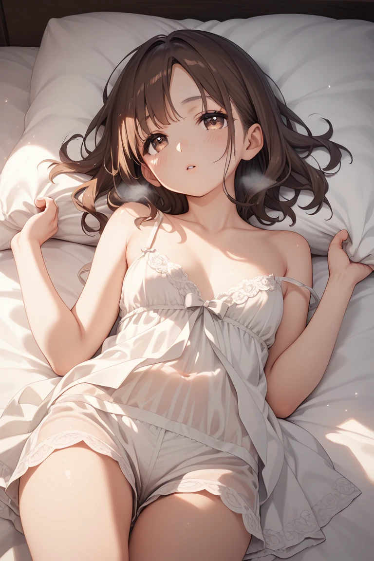 (Best quality, 8k, 32k, Masterpiece, UHD,:1.2),RAW, human, 1girl,ultra cute , ultra cute, natural lighting,transparent shining eyes, 20yo, small breast ,femur, fair complexion , flushed face, Camisole, panties, on bed, ((wariza)), Cameltoe, hans between legs