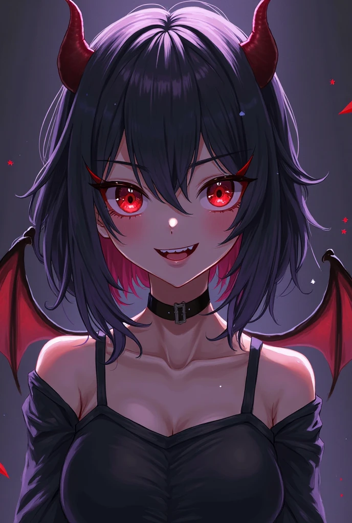vampire girl with short purple hair with evil smile