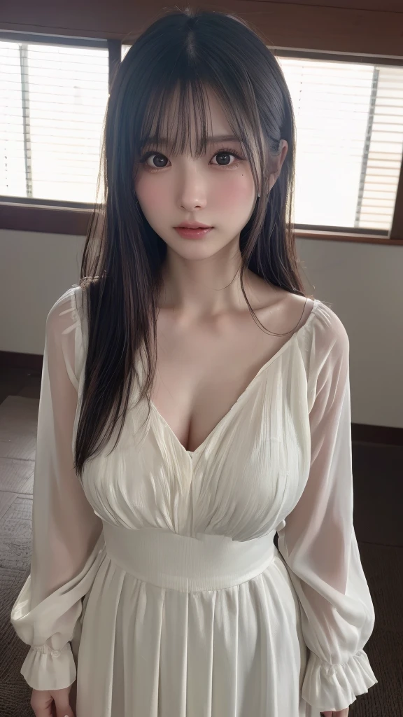 Master quality, highest quality, best picture quality, exaggerated details, a cute 8 year old asian  with a shy expression, slightly squinted eyes, adjusting her hair, long eyelashes (long hair / very, very exaggerated big breasts, big  / in  petticoat dress tissue,  ), posing sit in front of the camera, wet breast hanfu  open v chest clothes, full body xianxia