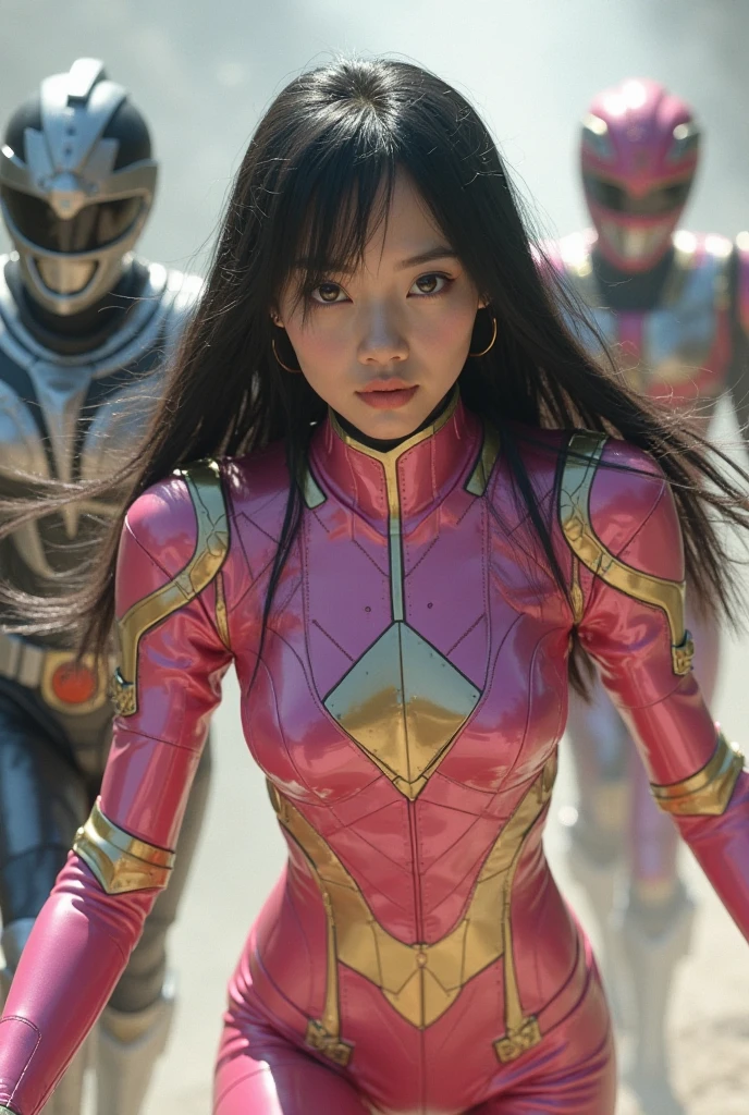 A brave and daring image of the six-man Ranger team, Each is decorated with the following vibrant colors:: neon pink, Sunset Orange, Fire engine red, plasma violet, Fluorescent Green, shocking yellow. A dynamic pose with a background that oozes energy and courage.。, Embodying the essence of the classic Sentai superhero team. Each Ranger's outfit is sleek and modern, Each color has elements that reflect its theme., Ready for action. ((camel toe))