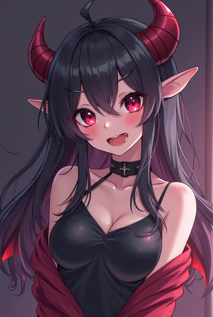 anime beautiful demon women, shark teeth, long hair, red eyes, wicked smile, detailes, (4k, ultra-detailed), room, naked, sexy, highres, seductive pose