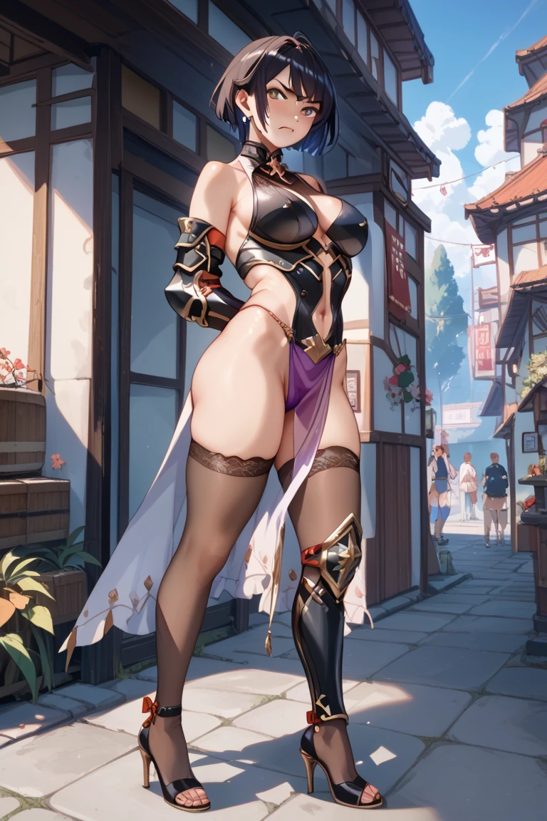 Raiden general, Full body lesbian, head to toe, External, rays of sunshine, green grass background,lamplight, hyper HD, retinas, tmasterpiece, Accurate, Anatomically correct, super detailing, high detal, high high quality, Award-Awarded, Best quality at best, A high resolution, Good anatomy, 4K, 8K, 16k, 1 plump girl, Kneeling position, female bodies, Raiden general, genshin impact, Look directly at the viewer, love elementary school student, Smiling, face flushed, Put your hands close to your chin, Pubic hair is large, Clothing that exposes, creative shading, lamplight, 詳細な目, rendering,  Clothes are,Full body lesbian, full screen image,Including the whole body,Full-body art,law, toes,head to toe (Full body lesbian) included in art,Perfect body proportion, cherry tree，Super plump type， worn，Large breasts，Gorgeous purple hair