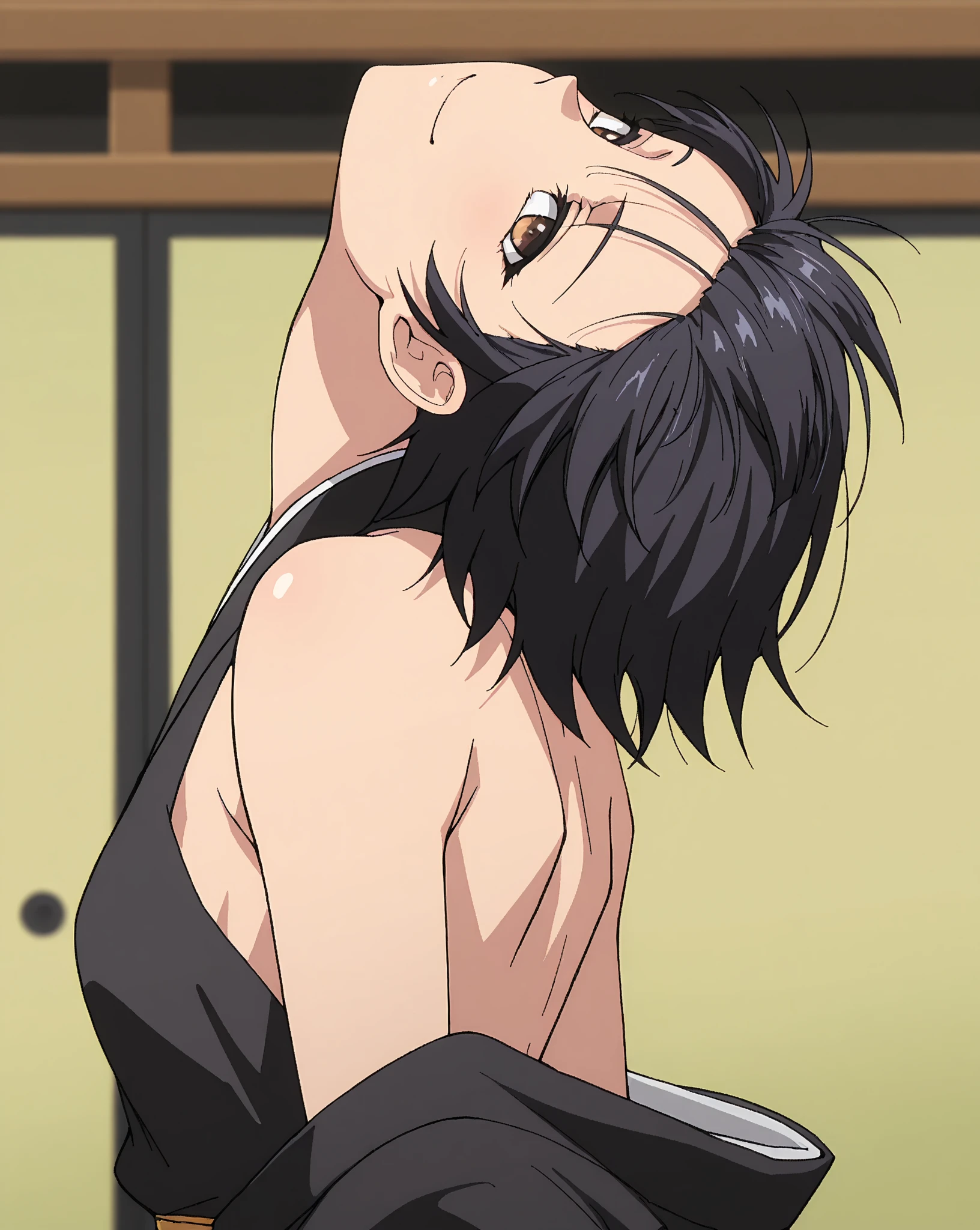 ((((masterpiece, best quality, high resolution)))), Extremely detailed 8K, 1 female, wearing a white Karate gi, (ahegao),white eyes, Small breasts,full body, kneeling, tired, (muscle:1.4), japanese clothes, No underwear,No eyeballs, Facing the audience, looking at the audience, tired, from below, (Exposed armpit:1.1), ((armpit:1.2)), sexy, Sweating, More and more sweat,(ahegao), (Roll your eyes), open mouth, Sticking out tongue, saliva, Slobber,Skinny, raise arms, (arms above head:1.5)(Ultra HD, Ultra-detailed, Highly detailed, Highly realistic, Ultra-realistic, photograph realistic), (1girl:1.5), (Realistic black hair), (dynamic poses), facing at camera, looking at viewer, (slightly serious face), (perky breasts:1.2), (beautiful detailed face, beautiful detailed eyes), ((worn out karate gi)), (preparing for a fight), sweat, glow, (sunbeam, sunlight), ((cowboy shot)), inside a training gym, seductive, EnvyBetterHands LoCon,