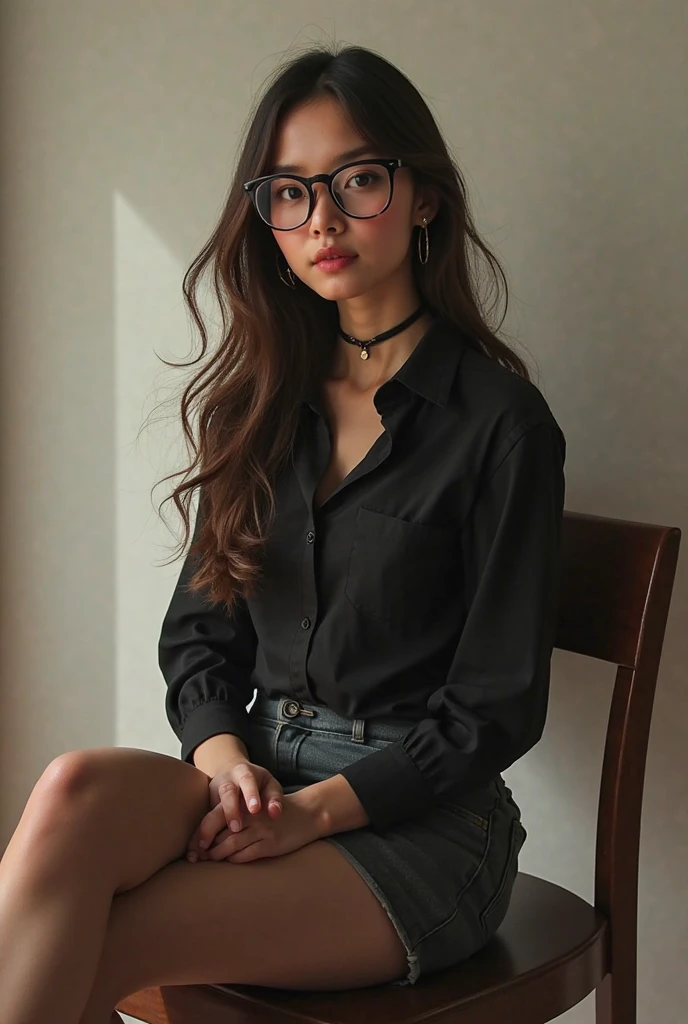beautiful woman, ((long curly hair)), wearing glasses, wearing a black and white t-shirt without print, wearing leather belt, front view (sitting inside a modern office at night), very detailed, 30 years, natural wave hair, sparkling light brown eyes, high-res, masterpiece, best quality, intricate details, highly detailed, sharp focus, detailed skin, realistic skin texture, texture, detailed eyes, professional, 4k, Canon shooting, 85mm, shallow depth of field, kodak vision color, perfect fit body, extremely detailed, photo_\(ultra\), photorealistic, realistic, post-processing, maximum detail, roughness, real life, ultra realistic, photorealism, photography, 8k uhd, photography (grain of film) medium shot for closeup shot atmospheric dark lighting