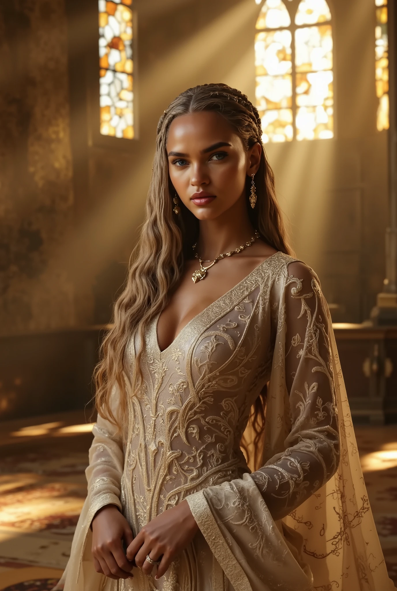 Targaryen princess, gown, throne room, godrays, long hair